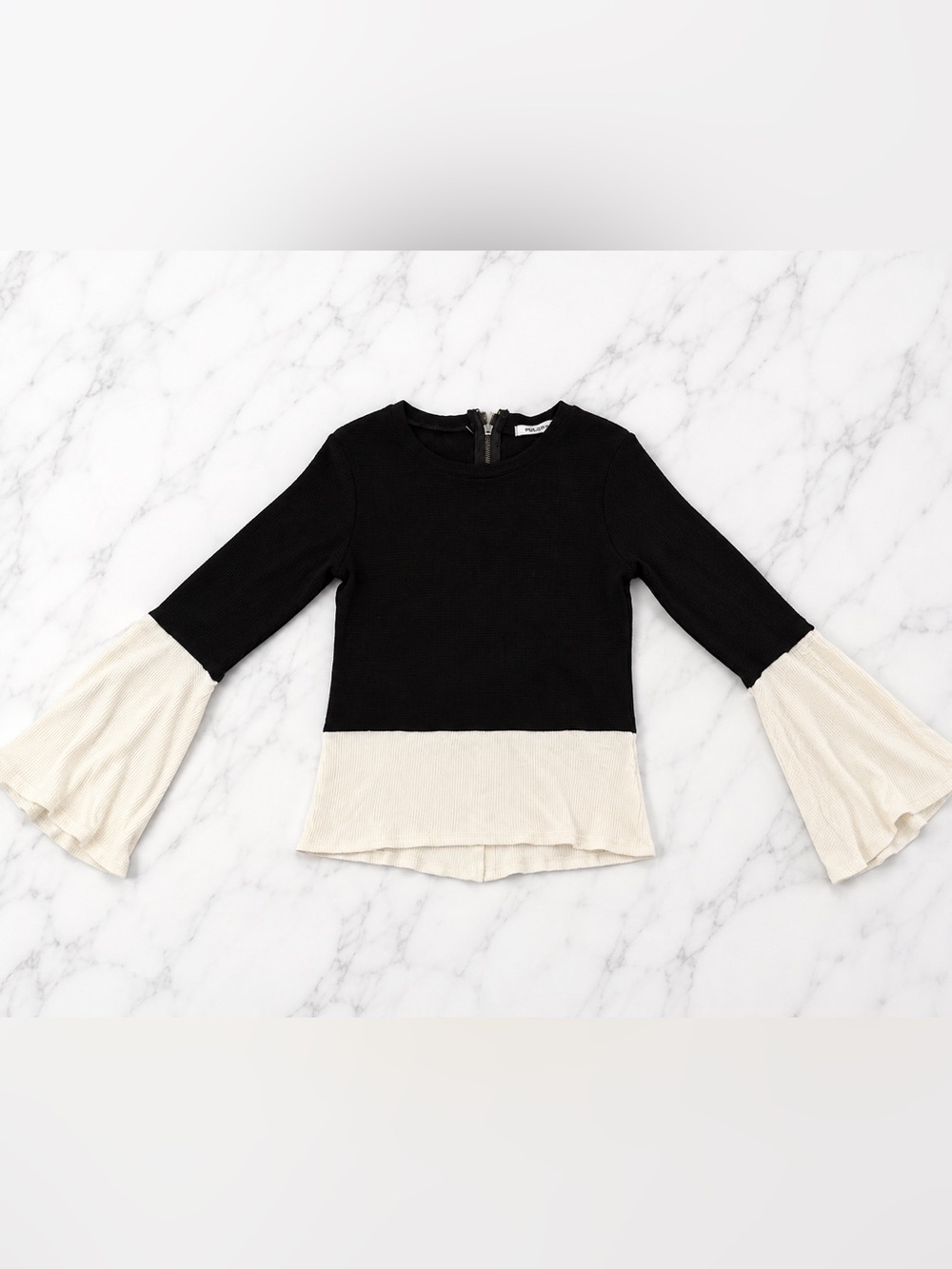 Colorblock Black and Cream Long Sleeve ribbed Top